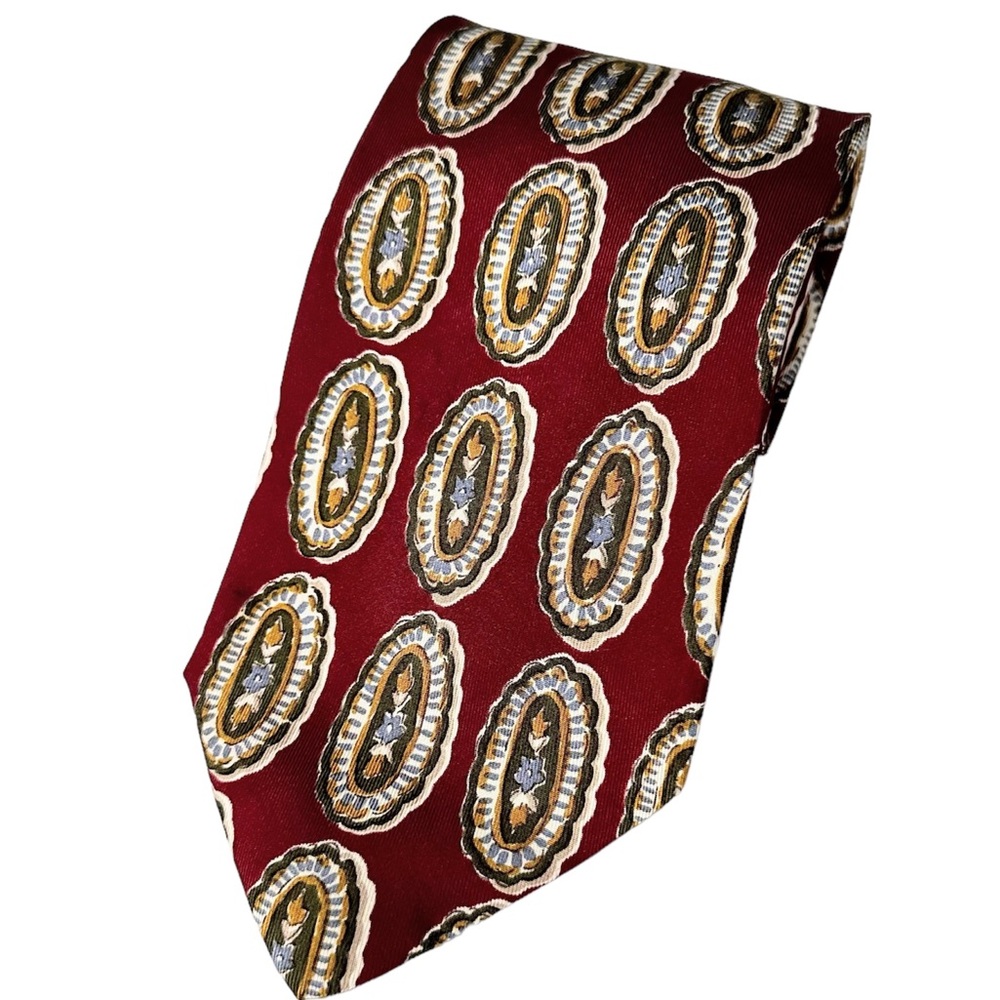 New Silk Tie Eddie Bauer Burgundy Olive Green Cream & Slate Blue Made in USA